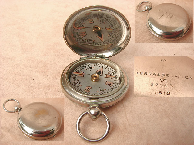 1918 British Army Officers MK VI pocket compass, inset shows rubbing on underside.